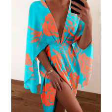 Batwing Sleeve Plants Print Slit Maxi Dress - Lighted Blue