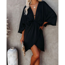 Batwing Sleeve Plunging Neck Satin Casual Dress - black