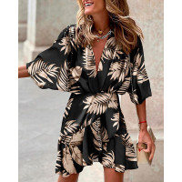 Batwing Sleeve Ruffle Hem Leaf Print Dress - black