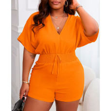 Batwing Sleeve Shirred Waist Romper - orange