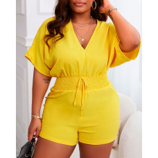 Batwing Sleeve Shirred Waist Romper - yellow