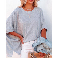 Batwing Sleeve Split Hem Casual Top - gray