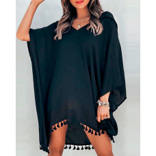 Batwing Sleeve Tassel Trim Casual Top - black