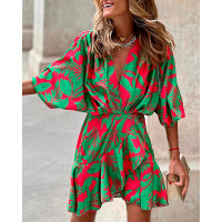 Batwing Sleeve Tropical Print Ruffle Hem Dress - green