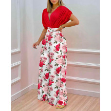 Batwing Sleeve Wrap Top & Floral Print Wide Leg Pants Set - red