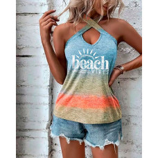 Beach Landscape Print Cross Halter Tank Top - Multicolor