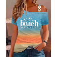 Beach Landscape Print Ombre Cold Shoulder T-shirt - Multicolor