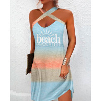 Beach Vibes Sun Print Ombre Cross Halter Casual Dress - Multicolor