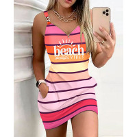 Beach Vibes Sun Print Striped Colorblock Casual Dress - Multicolor