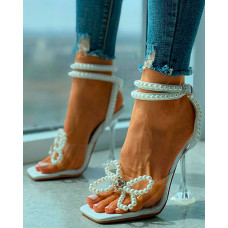 Beaded Bowknot Decor Square Toe Pyramid Heels - white