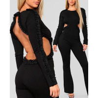 Beaded Decor Backless Flared Leg Jumpsuit - black