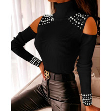 Beaded Decor Cold Shoulder Ribbed Top - black