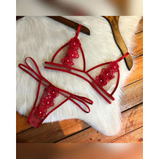 Beaded Decor Contrast Mesh Floral Lace Lingerie Set - red