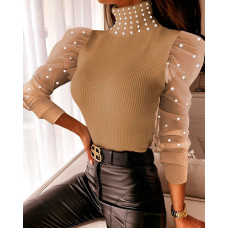 Beaded Decor Contrast Mesh Puff Sleeve Ribbed Top - khaki