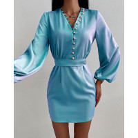 Beaded Decor Lantern Sleeve Satin Casual Dress - sky blue