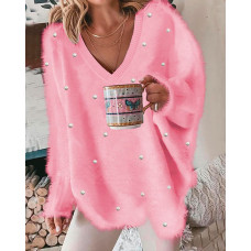 Beaded Decor Long Sleeve Fluffy Top - pink