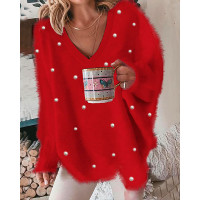 Beaded Decor Long Sleeve Fluffy Top - red