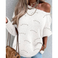 Beaded Decor Long Sleeve Fluffy Top - white