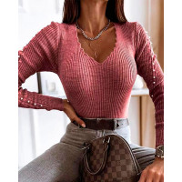 Beaded Decor Long Sleeve Knit Top - pink