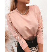 Beaded Decor Long Sleeve Sweatshirt - pink