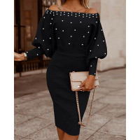 Beaded Decor Off Shoulder Lantern Sleeve Midi Dress - black