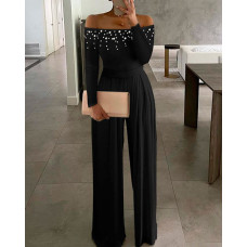 Beaded Decor Off Shoulder Wide Leg Jumpsuit - black