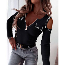 Beaded Decor Zip Front Cold Shoulder Top - black