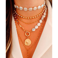 Beaded & Disc Pendant Chain Layered Necklace - gold