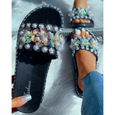 Beaded Flower Pattern Flat Sandals - black