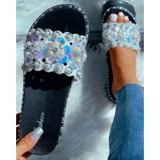 Beaded Flower Pattern Flat Sandals - white