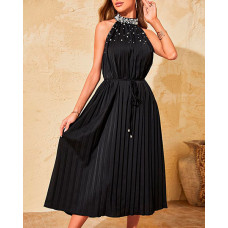 Beaded Halter Pleated Sleeveless Dress - black