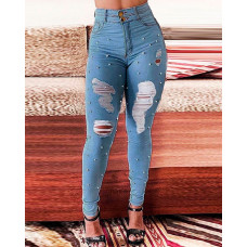 Beaded High Waist Ripped Skinny Jeans - Lighted Blue