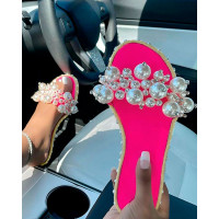 Beaded Rhinestone Decor Open Toe Slippers - hot pink