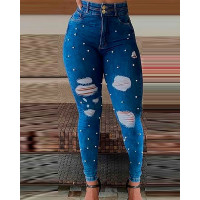 Beaded Ripped High Waist Skinny Jeans - blue