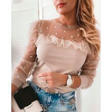 Beaded Sheer Mesh Ruffles Top - pink