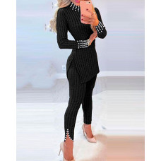 Beaded Side Slit Long Sleeve Top & Pants Set - black