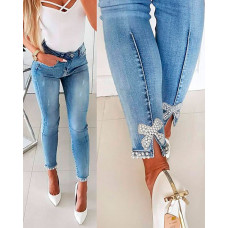 Beaded Slit Bowknot Decor Jeans - Lighted Blue