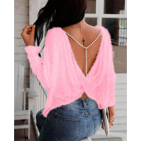 Beaded Strap Twisted Backless Fuzzy Top - pink