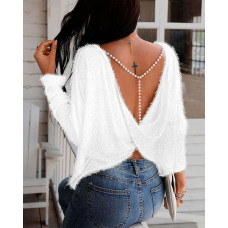 Beaded Strap Twisted Backless Fuzzy Top - white