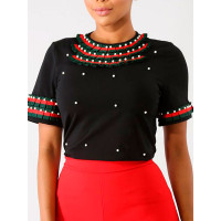 Beads Embellished Frills Striped T-Shirt - black