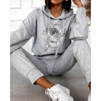 Bear Letter Print Hooded Top & Pocket Design Pants Set - gray