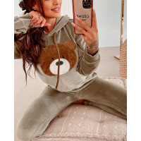 Bear Patch Long Sleeve Drawstring Hoodie & Pants Set - green