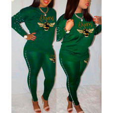 Bee Letter Print Beaded Decor Casual Top & Pants Set - green