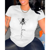 Bee Letter Print O-Neck Casual T-Shirt - white