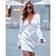 Bell Lantern Sleeve Ruched Corset Bodycon Dress - white