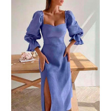 Bell Puff Sleeve High Slit Party Dress - blue