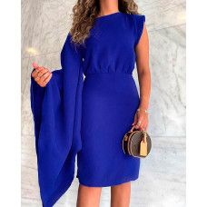 Bell Sleeve Asymmetrical Ruched Party Dress - blue