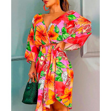 Bell Sleeve Backless Floral Print Dress - orange