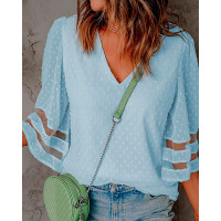 Bell Sleeve Contrast Mesh Swiss Dot Blouse - Lighted Blue