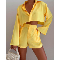 Bell Sleeve Crop Shirt & Pocket Design Shorts Set - yellow